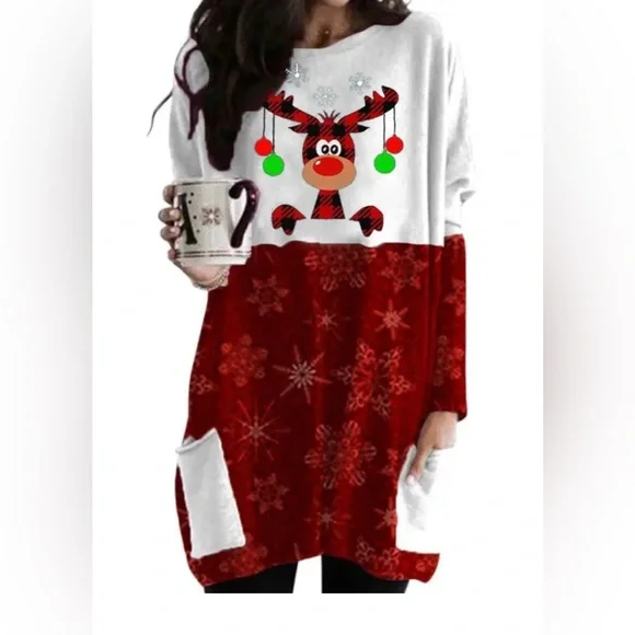 white christmas dresses Ladies Christmas Holiday Tunic Top Red with Christmas Tree – Castaway  Nantucket Island main image 0